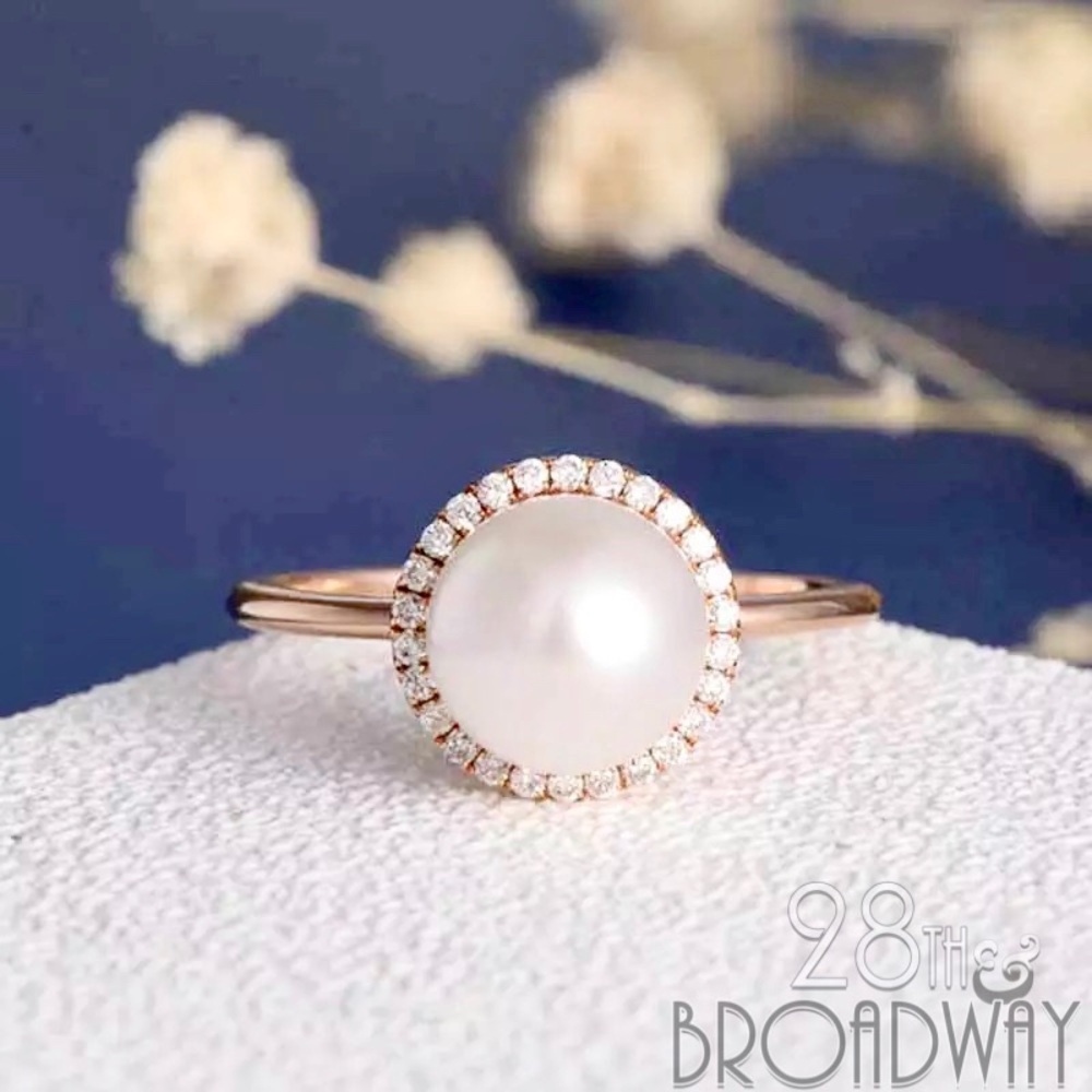 Rose Gold Pearl Solitaire w/Diamonds Engagement Ring - Women’s Rose Gold Ring